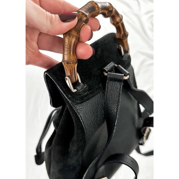 Vintage Gucci Black Suede and Bamboo Handle Backpack Purse - Picture 10 of 11